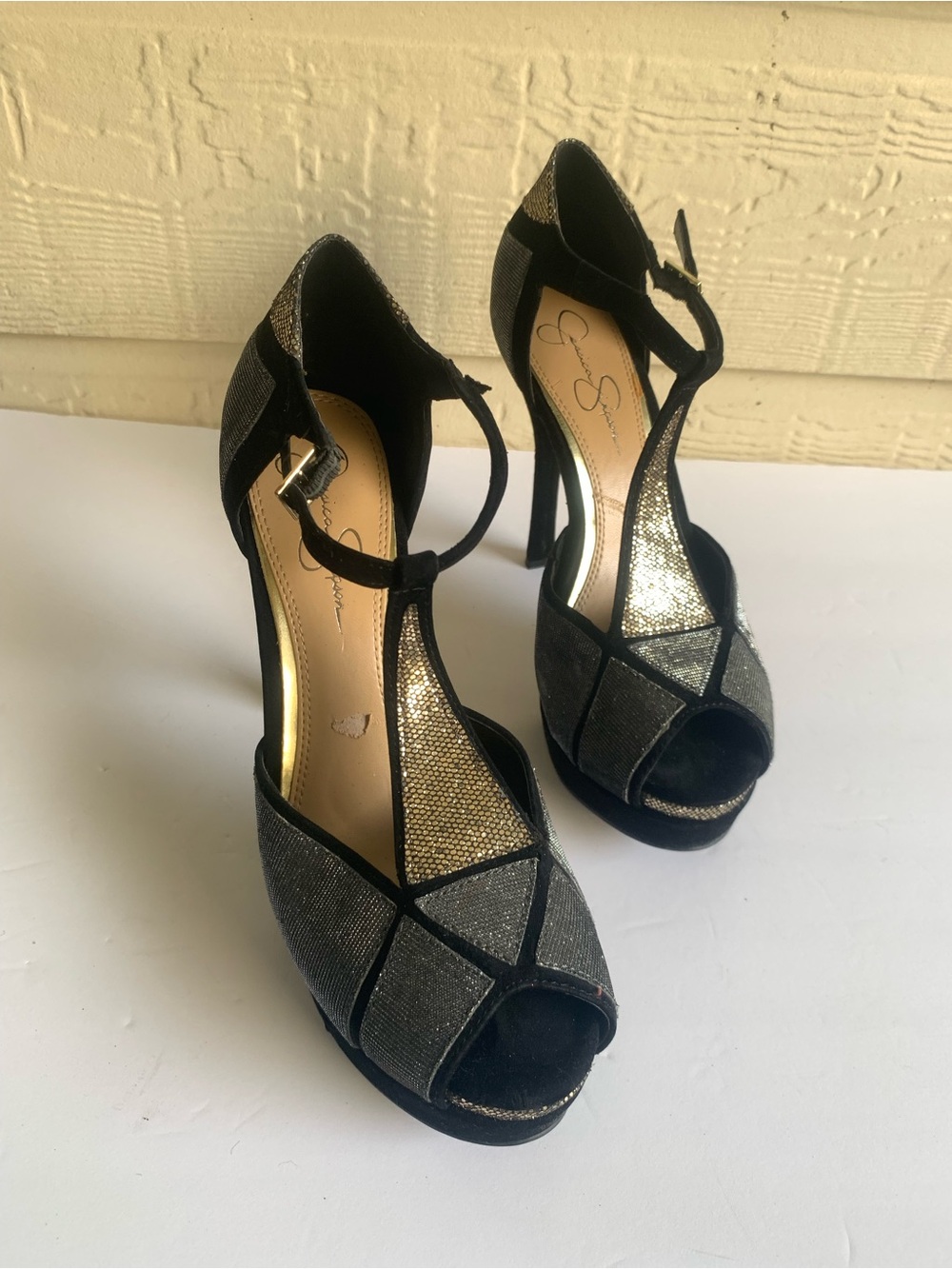 Jessica Simpson Black and Gold Peep-Toe T-Strap Platform Heels